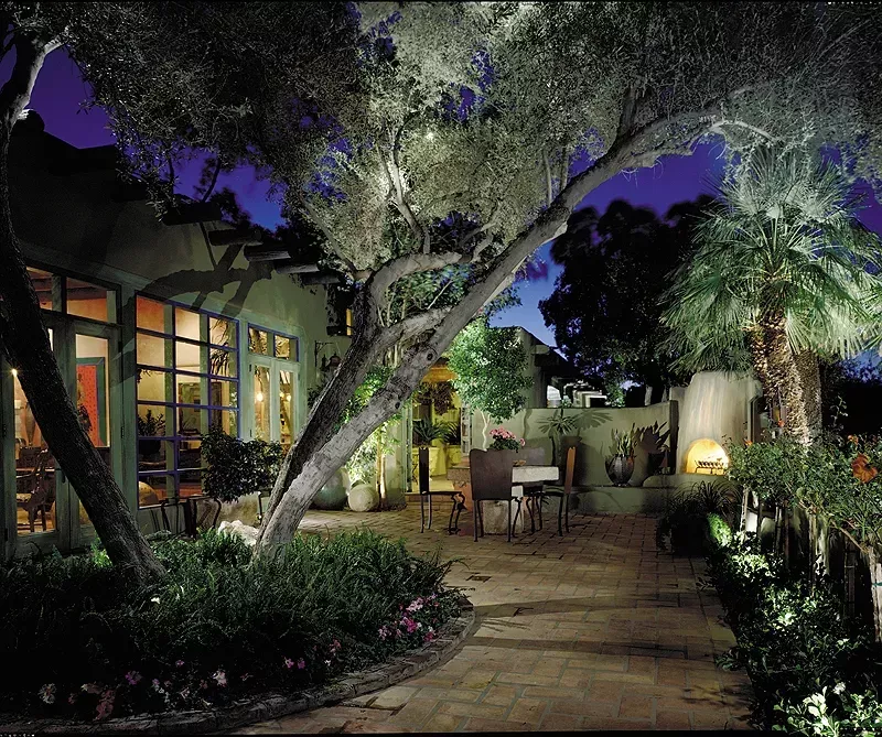 Uplights highlight a backyard patio.